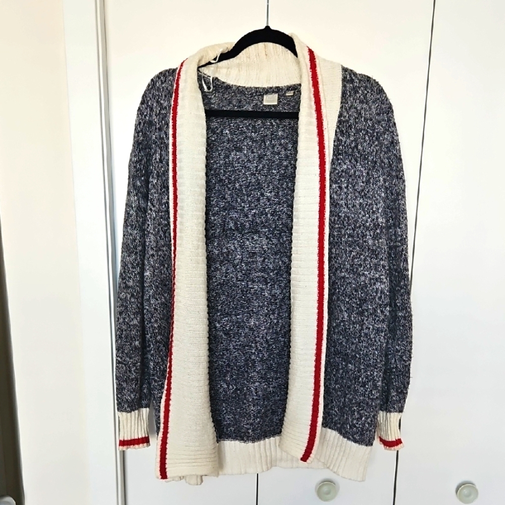 Simons Grey and Cream Cardigan Sweater with Red Accents
